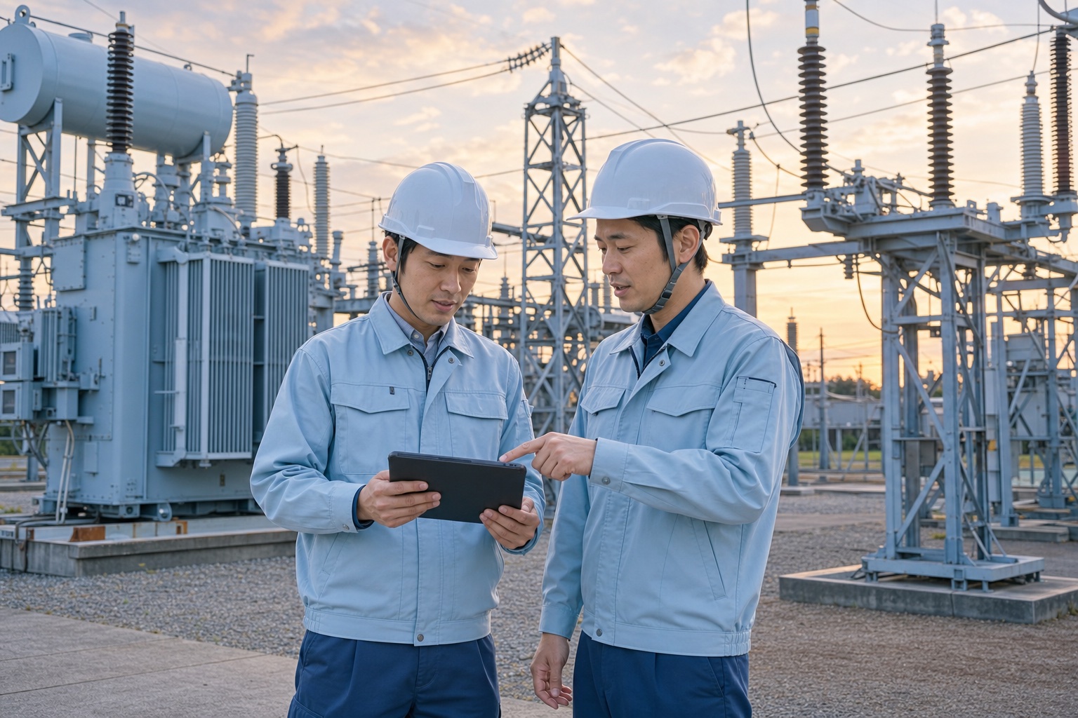 変電設備の点検現場でタブレット端末を確認しながら話し合う作業服姿の技術者2名