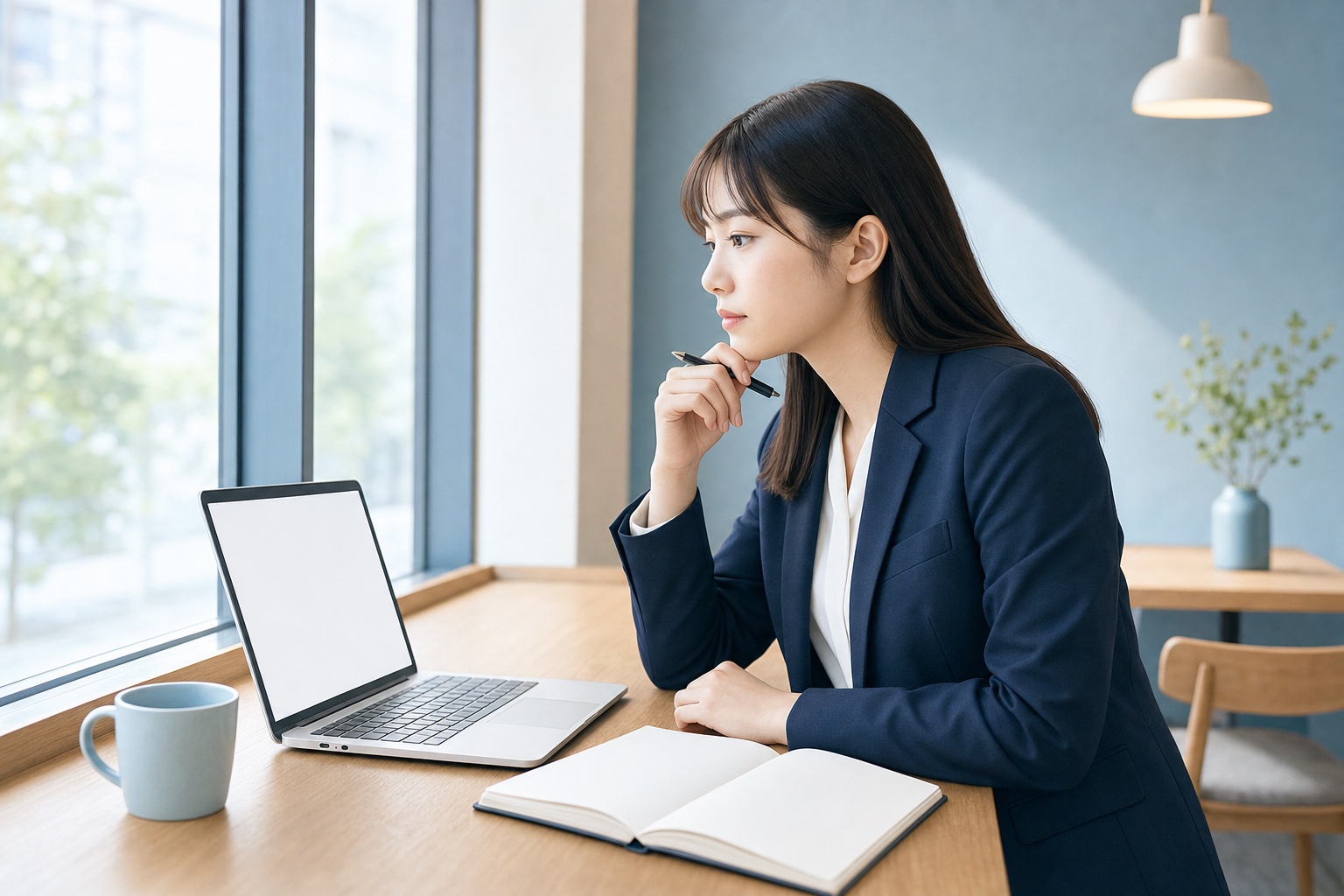 カフェの窓際でノートパソコンとノートを広げ、自己PRの文章を考える就活生の女性のイラスト