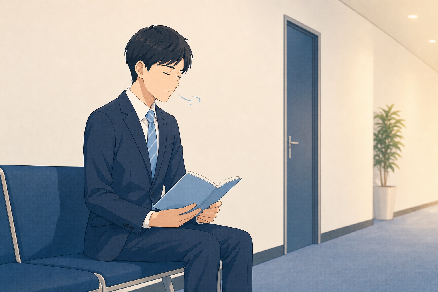 面接会場前の廊下で自己分析ノートを見返しながら深呼吸する就活生のイラスト