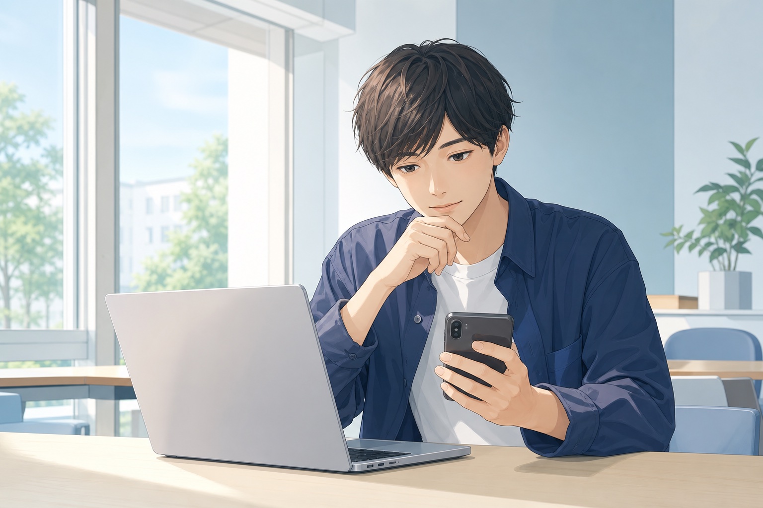 大学生がノートパソコンとスマートフォンを見比べながら就活用の写真を選んでいる様子のイラスト