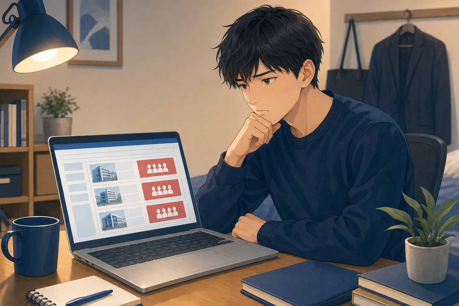 就活生が自室でノートパソコンの企業説明会予約画面を見て考え込んでいるイラスト