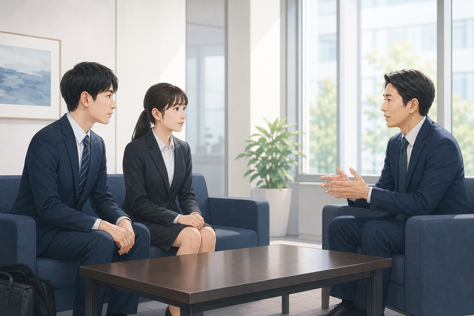 就活生がOB訪問先のオフィスでビジネスパーソンと面談している様子のイラスト