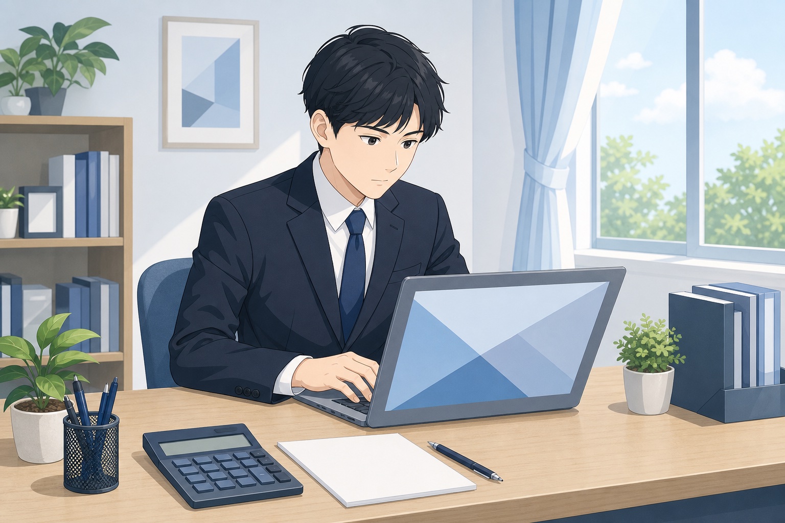 自宅の学習机でリクルートスーツ姿の就活生がノートパソコンでWebテストを受けている様子のイラスト