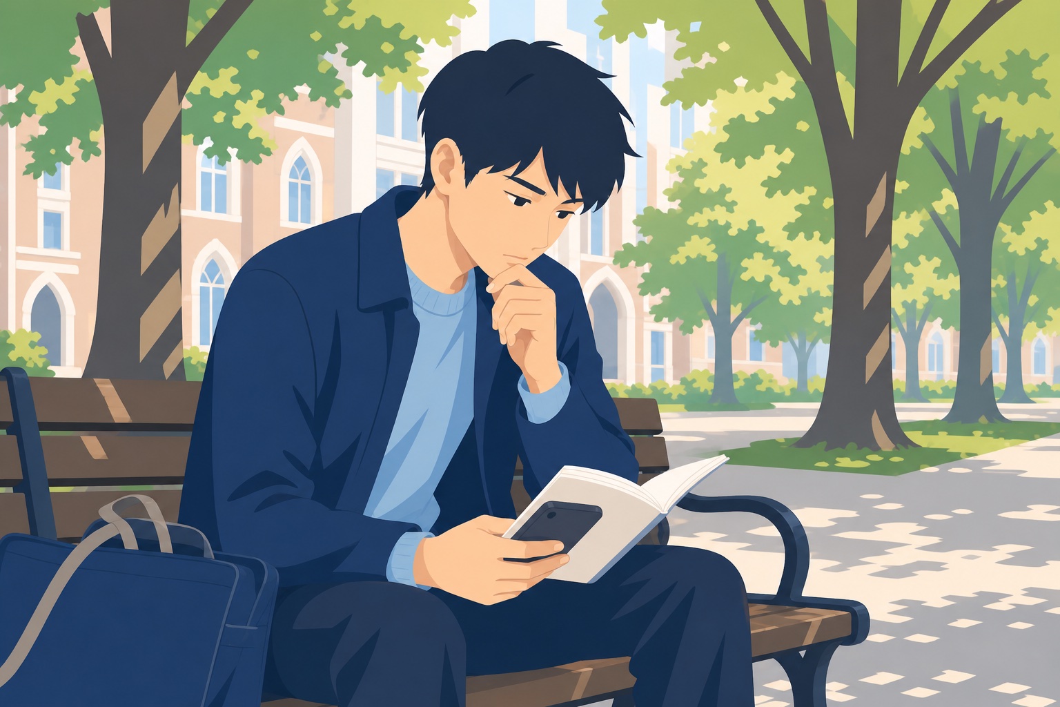 大学キャンパスのベンチで企業研究をしながら考え込む就活中の学生のイラスト