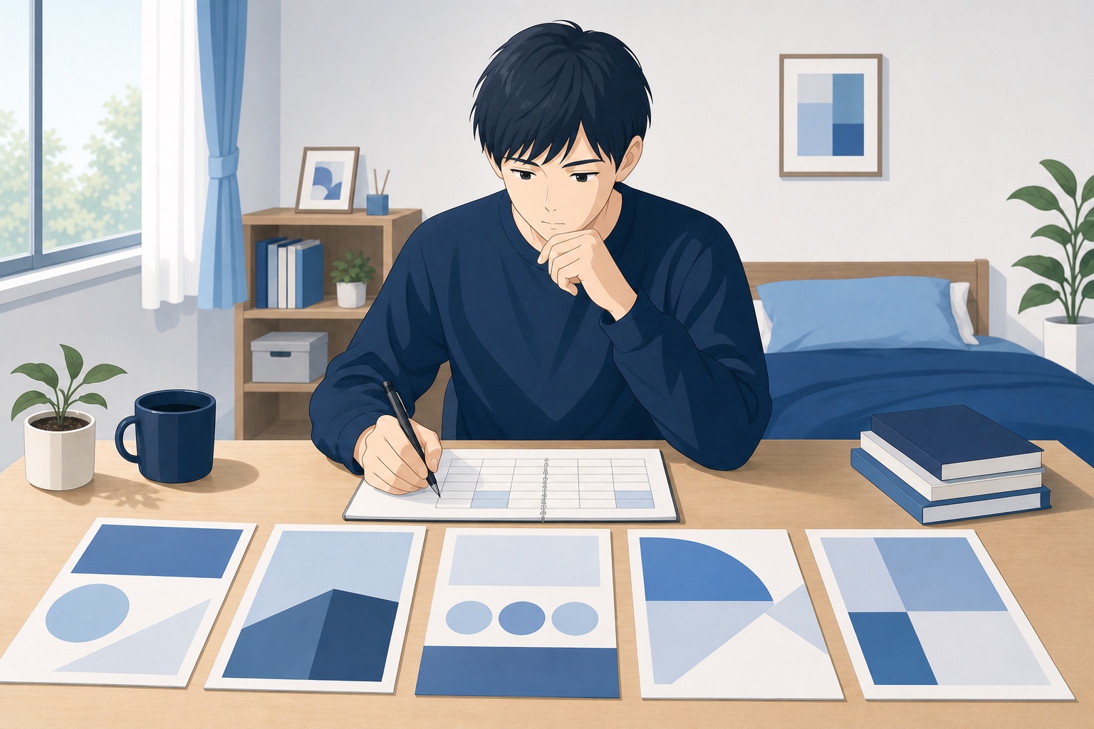 就活生が自室の机で複数企業の資料を並べて見比べながらノートに比較表を書き込んでいる様子