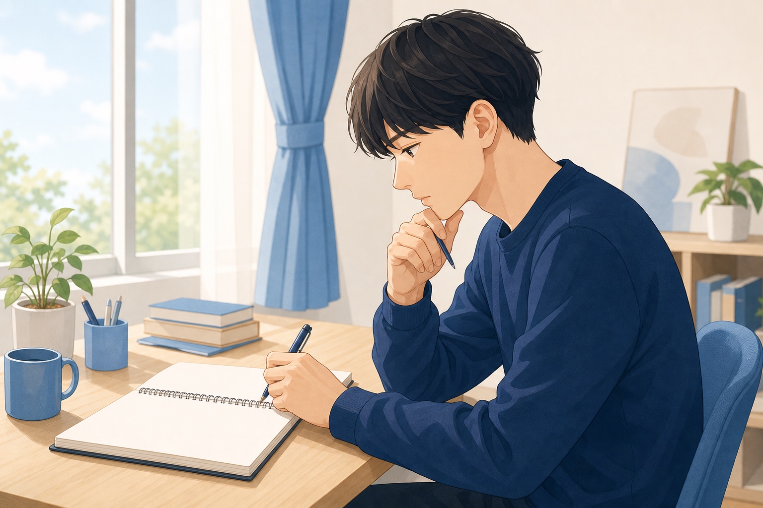 自室の机で自己分析ノートを広げ、ペンを持ちながら考え込む就活生のイラスト