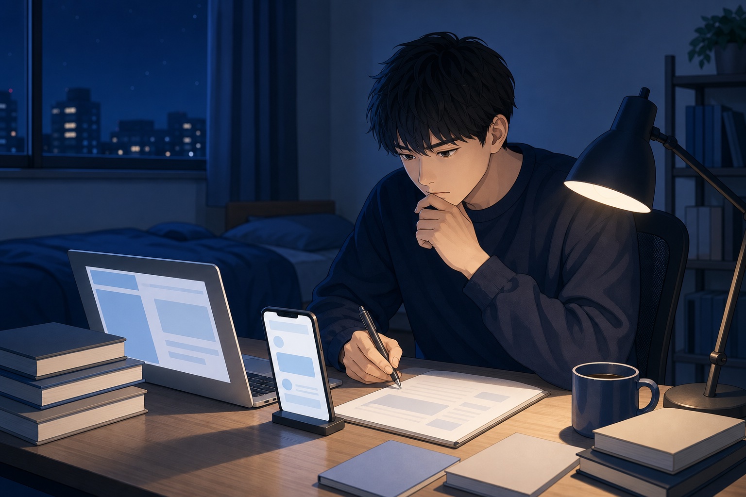 深夜の自室でノートパソコンとスマートフォンを見ながらエントリーシートを書き直す就活生のイラスト