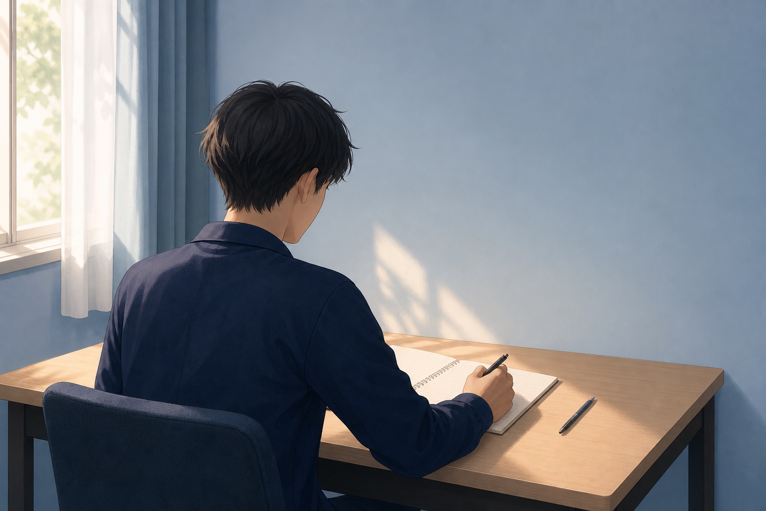 就活生が自室の机でノートに向かい自分の性格を書き出している後ろ姿のイラスト