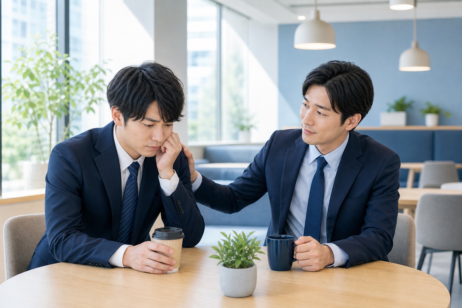 オフィスの休憩スペースで先輩社員が困った様子の後輩にそっと声をかけている様子