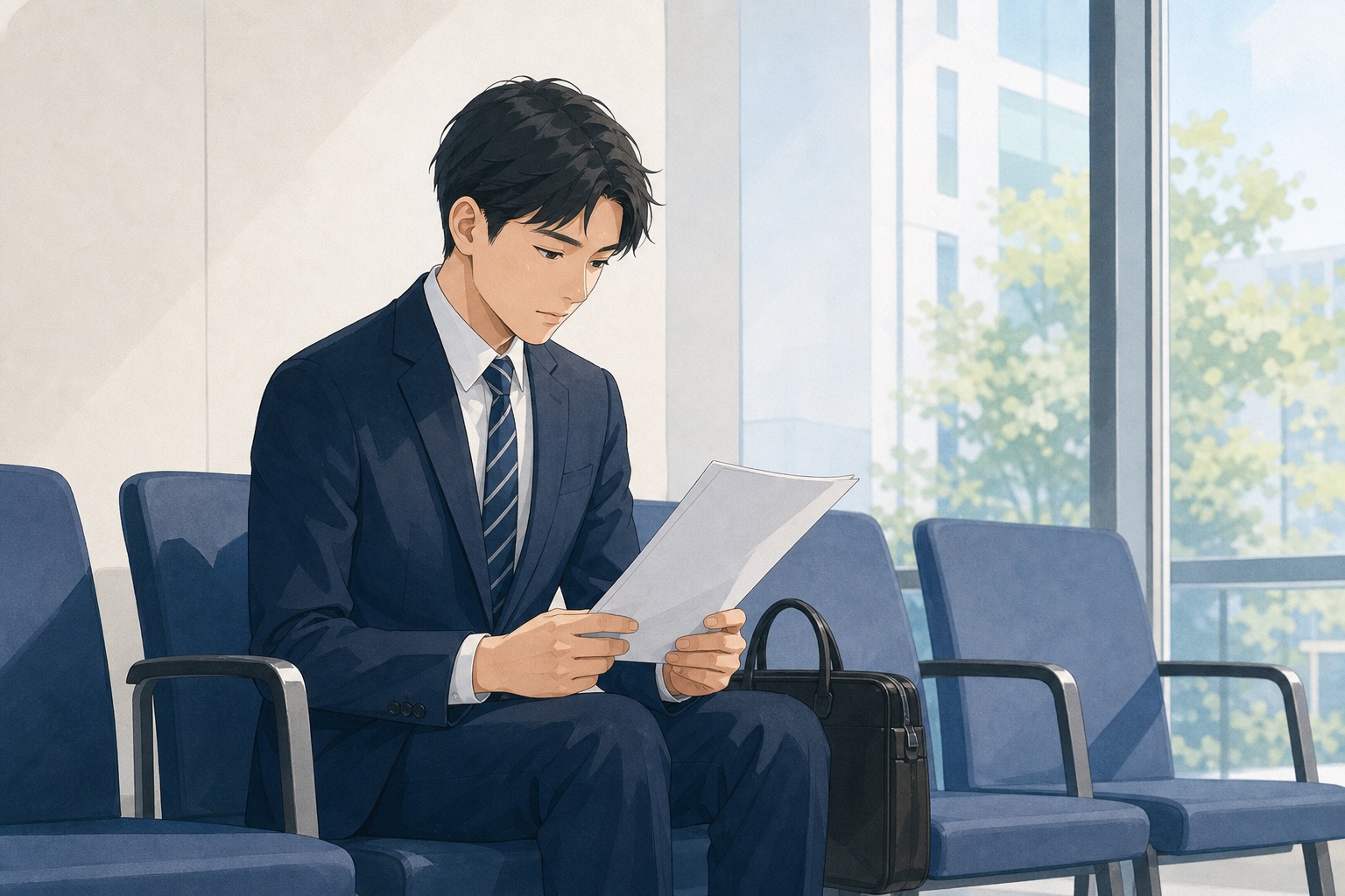 最終面接前に控室で資料を最終確認するスーツ姿の就活生のイラスト