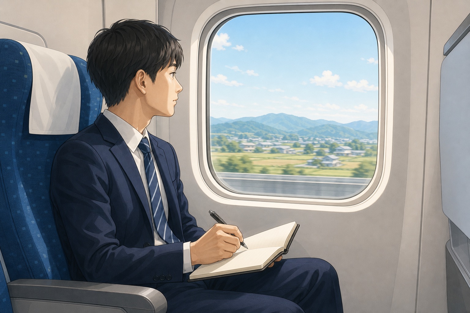 新幹線の車内でノートに書き込みながら就職活動の準備をするスーツ姿の学生のイラスト