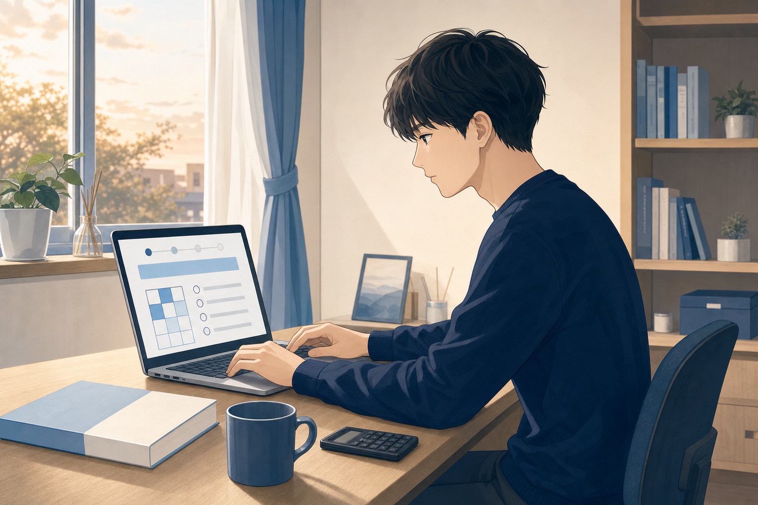 自室の机でノートパソコンに向かいWebテストを受検している就活生のイラスト