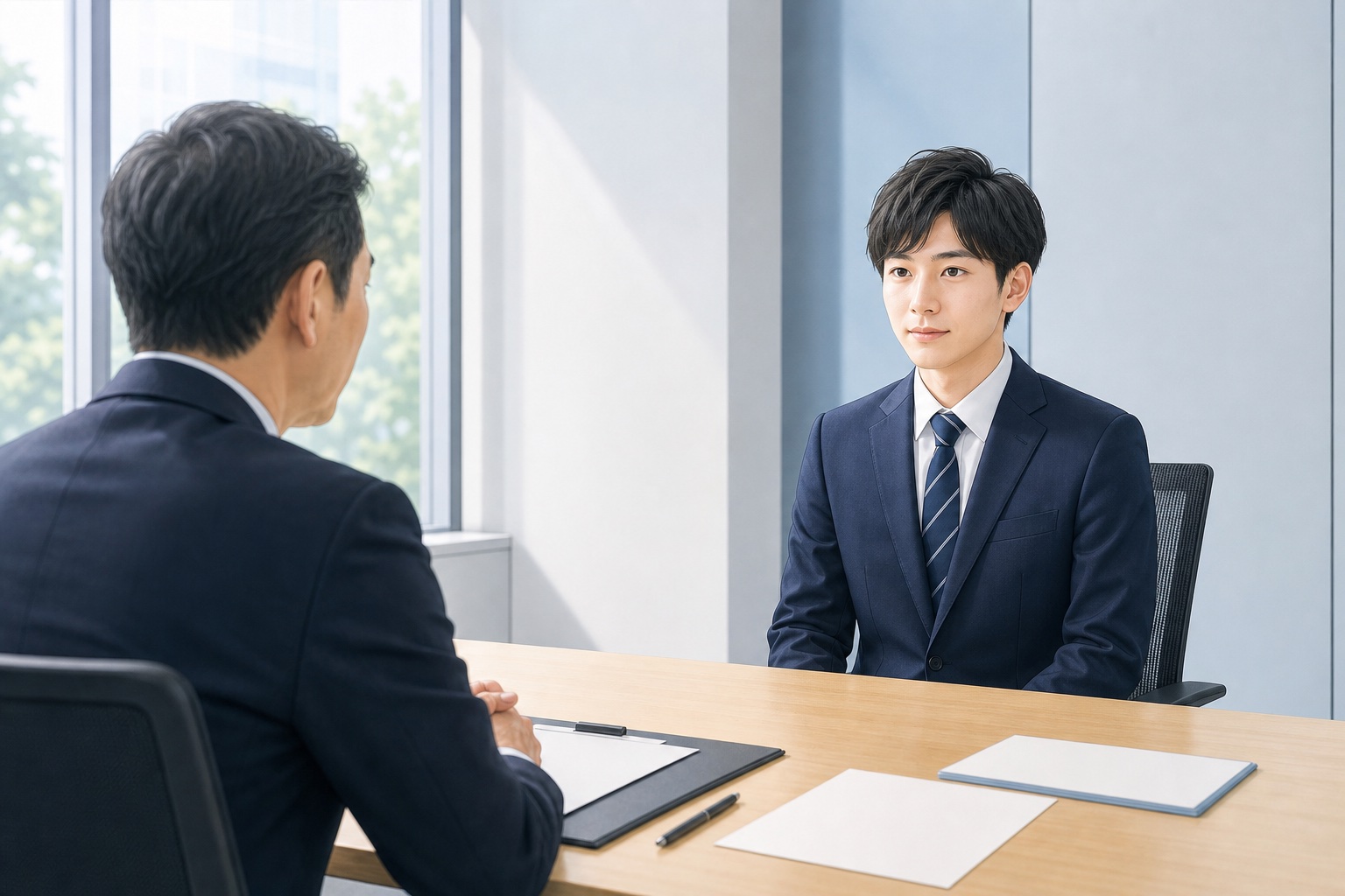 明るい会議室でスーツ姿の就活生が面接官と向かい合い、面接を受けている様子