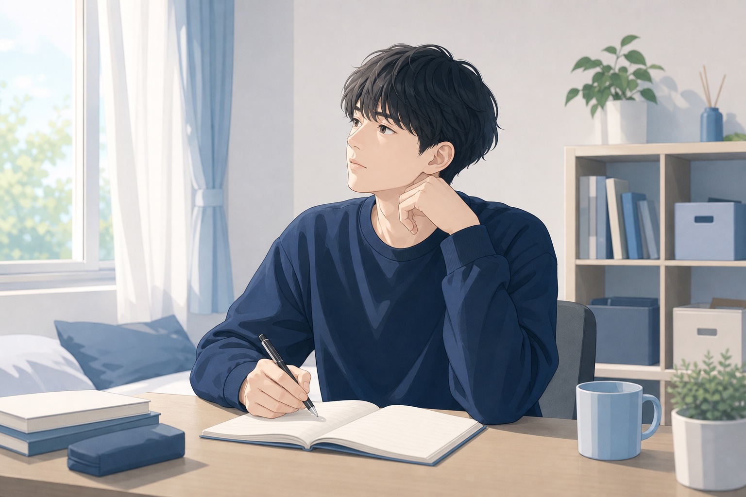 大学生が自室の机でノートに向かい過去を振り返っている様子のイラスト