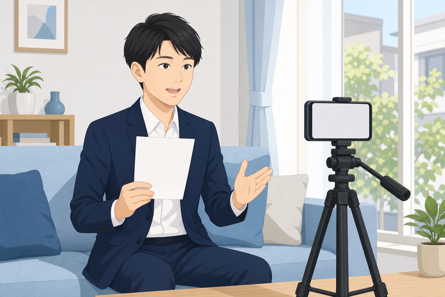 自宅のリビングでスマートフォンを三脚に固定し、台本を手に自己PR動画の撮影リハーサルをする就活生のイラスト