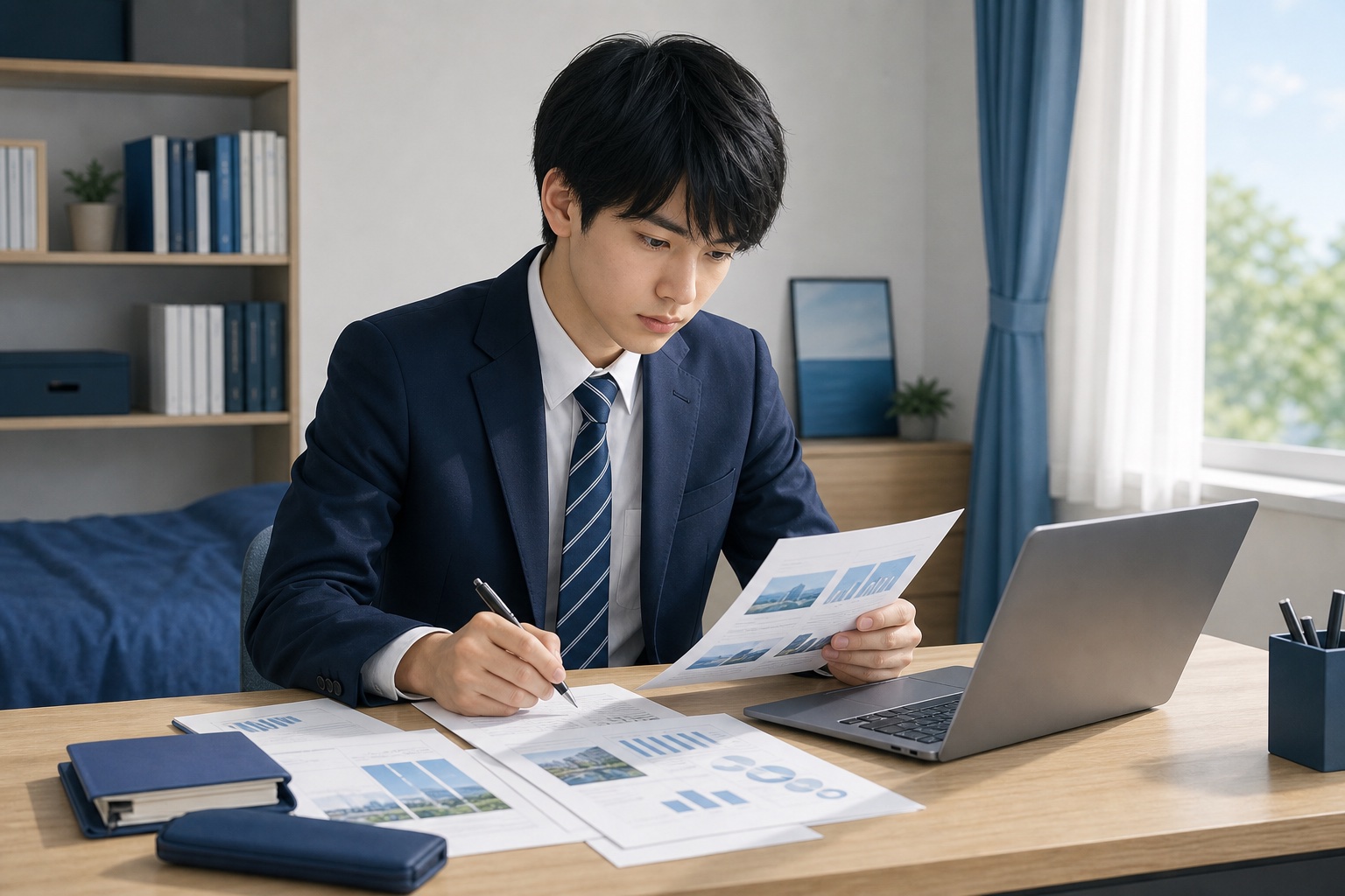 就活生が自室の机でノートパソコンと資料を広げ、真剣な表情で企業研究をしている様子