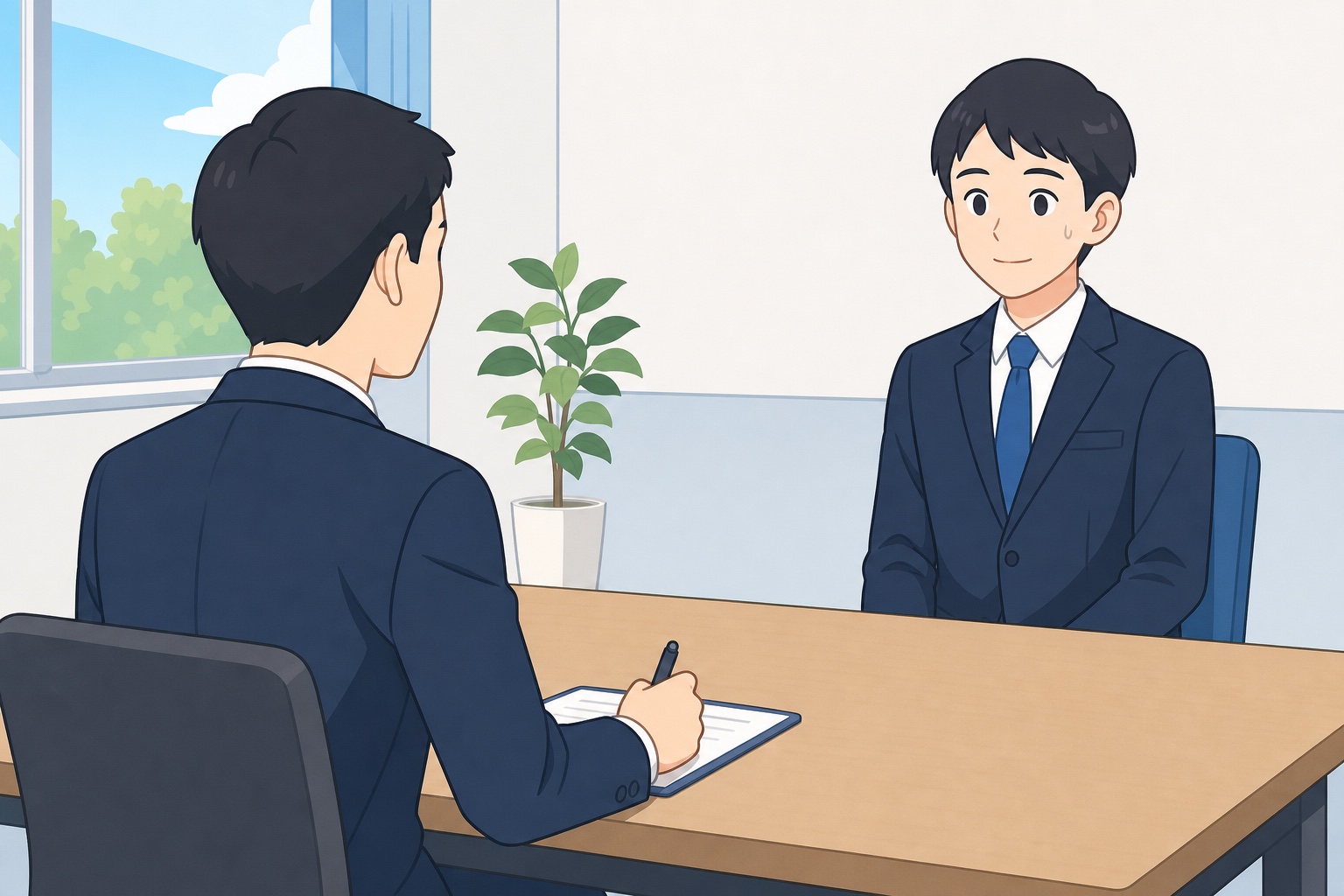 面接官と向き合い、背筋を伸ばして受け答えをするスーツ姿の就活生のイラスト