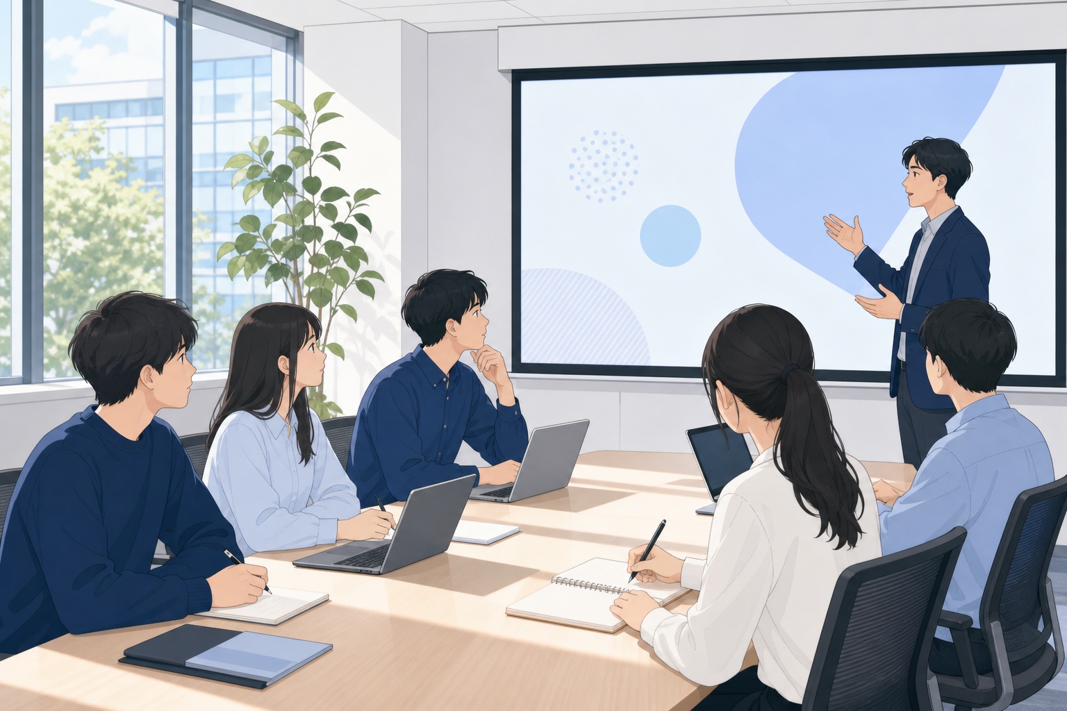 大学生が明るい会議室でオープンカンパニーの企業説明を聞きながらノートにメモを取っている様子