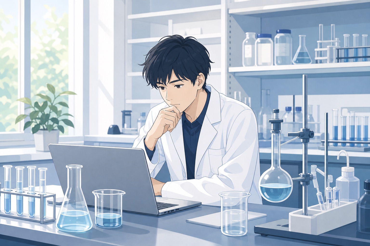 大学の研究室でノートパソコンを見ながら考え込む白衣姿の理系学生のイラスト