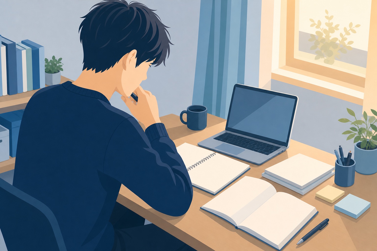 自室の机で志望動機を考えながらノートに向かう就活生のイラスト