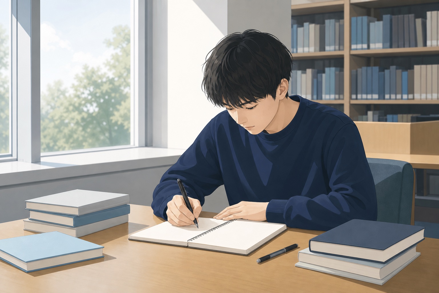 就活生が大学図書館でノートに面接の想定問答を書き出している様子