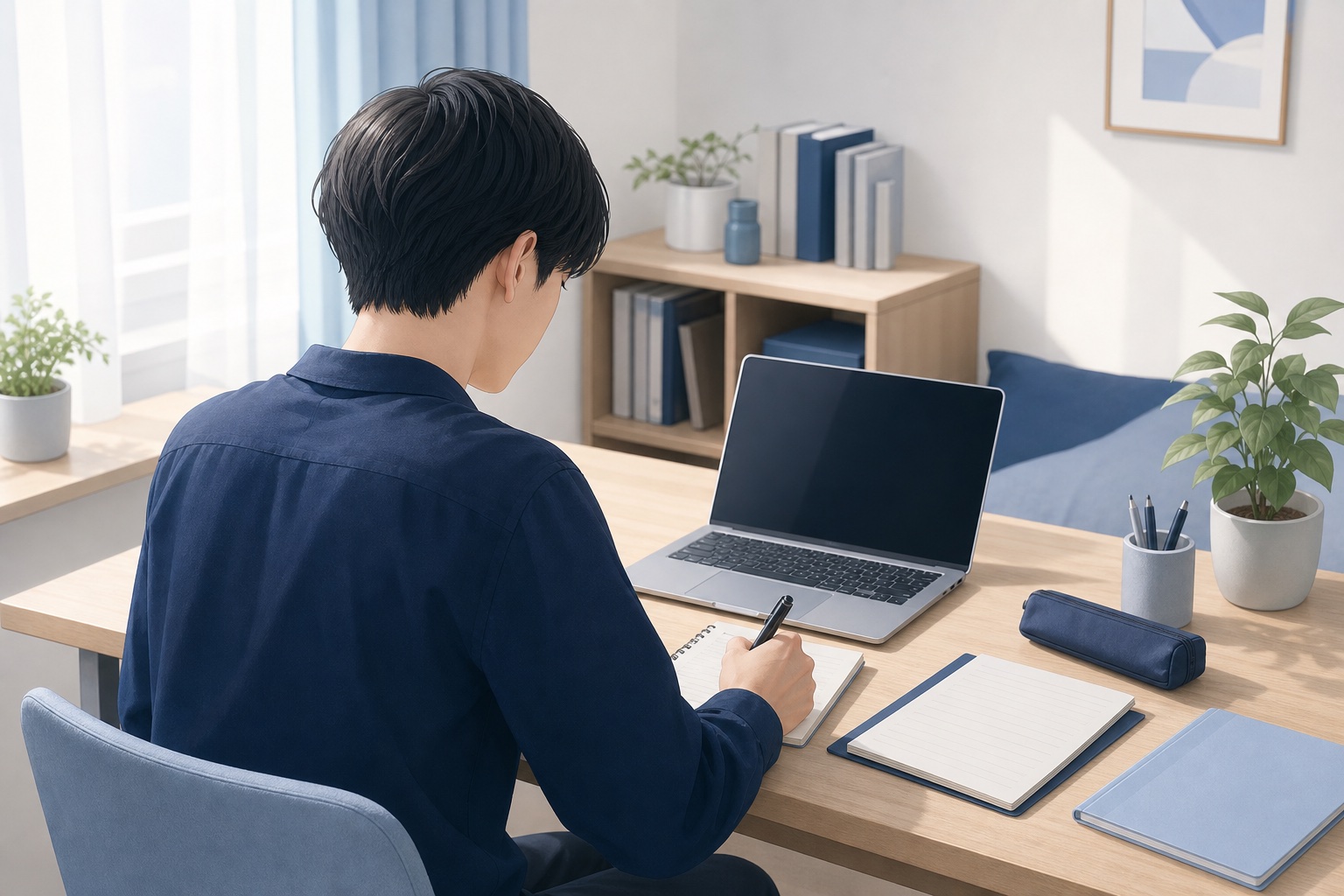 自室の机でノートパソコンを前に志望動機の下書きをメモに書き込む就活生の後ろ姿のイラスト