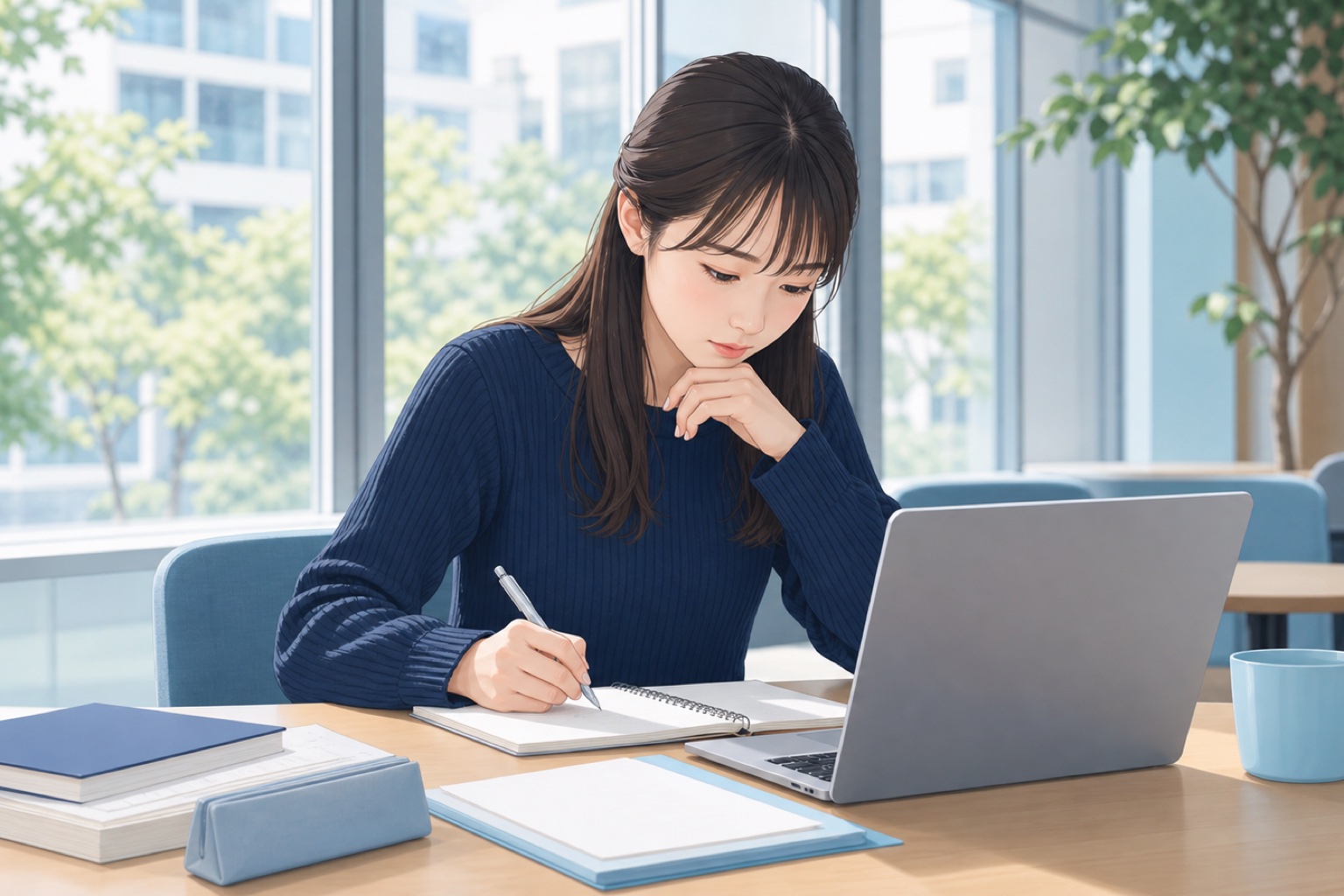 大学のカフェスペースで就活生の女性がノートとノートパソコンを広げ、エントリーシートの内容を考えながらメモを取っている様子