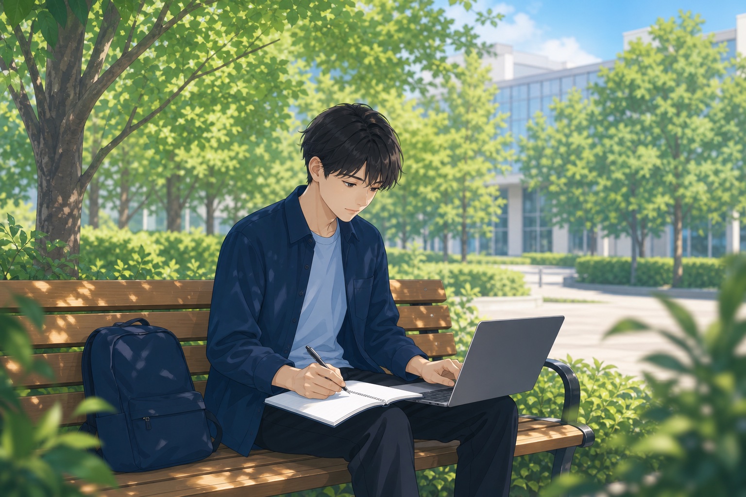 大学のキャンパスのベンチでノートパソコンとノートを広げ、就活の予定を整理している学生のイラスト