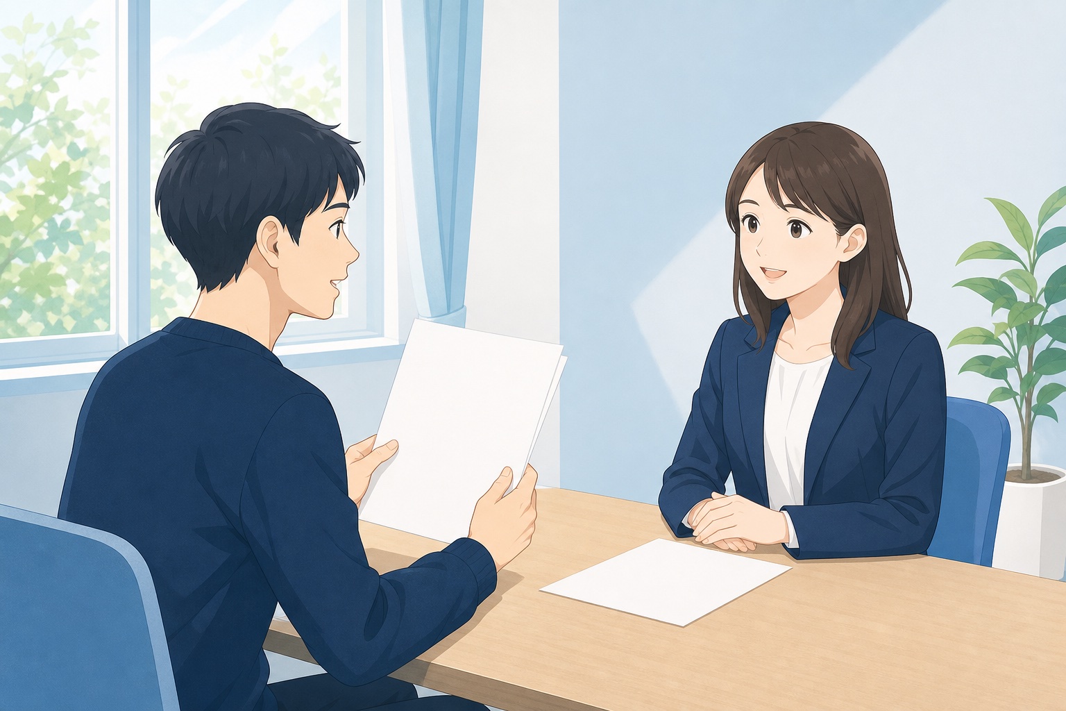 大学のキャリアセンターで学生が相談員に留年について相談している様子のイラスト