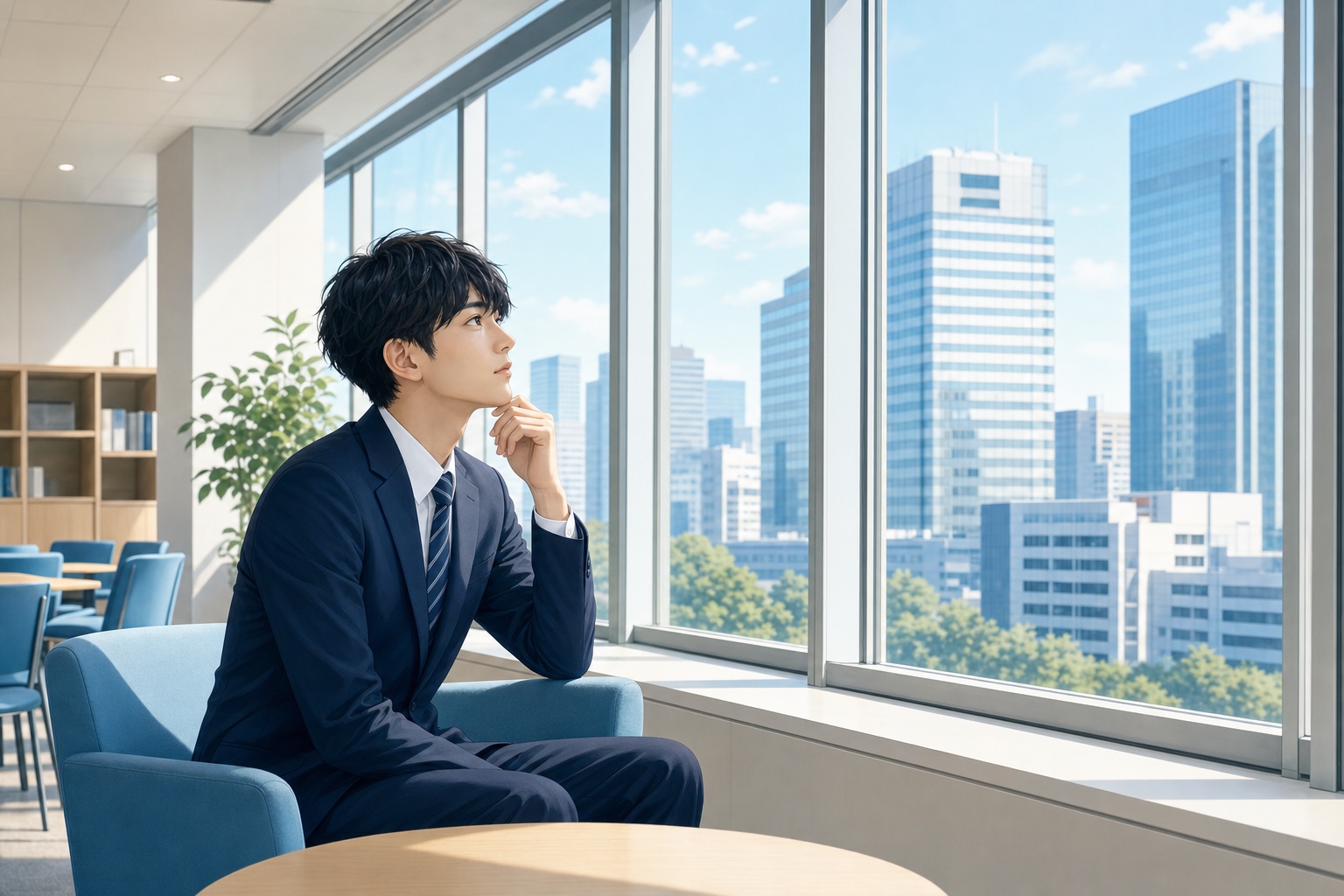 オフィス街を眺めながら業界研究について考える就活生のイラスト
