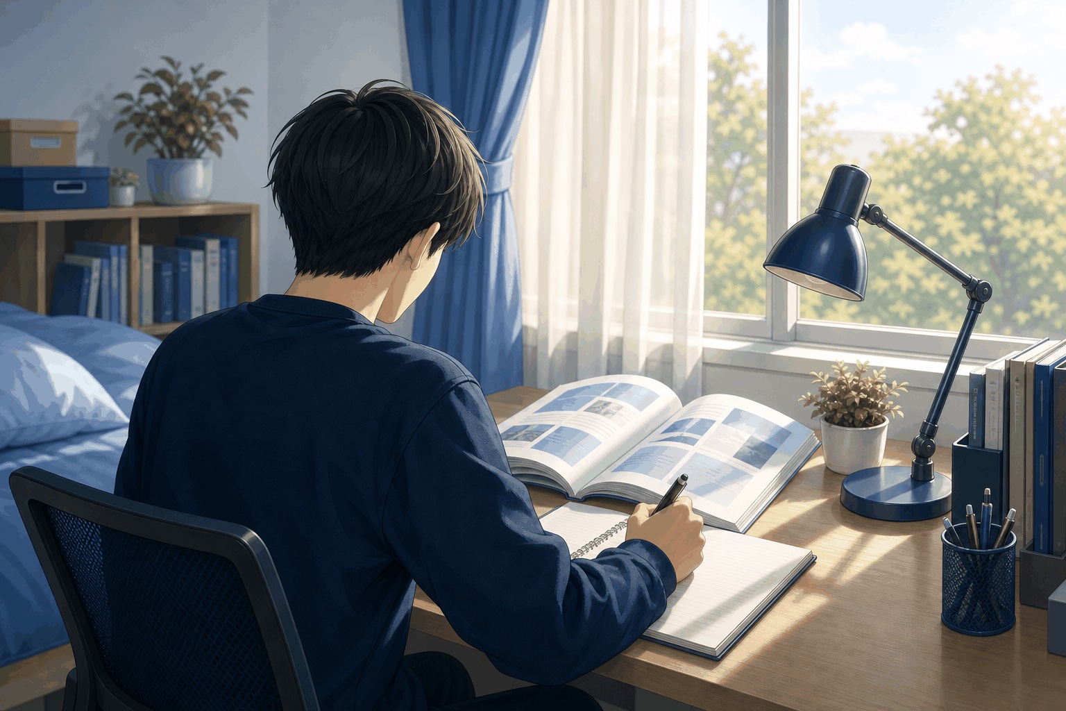 大学生が自室の机で就職情報誌を広げてノートにメモを取っている後ろ姿のイラスト