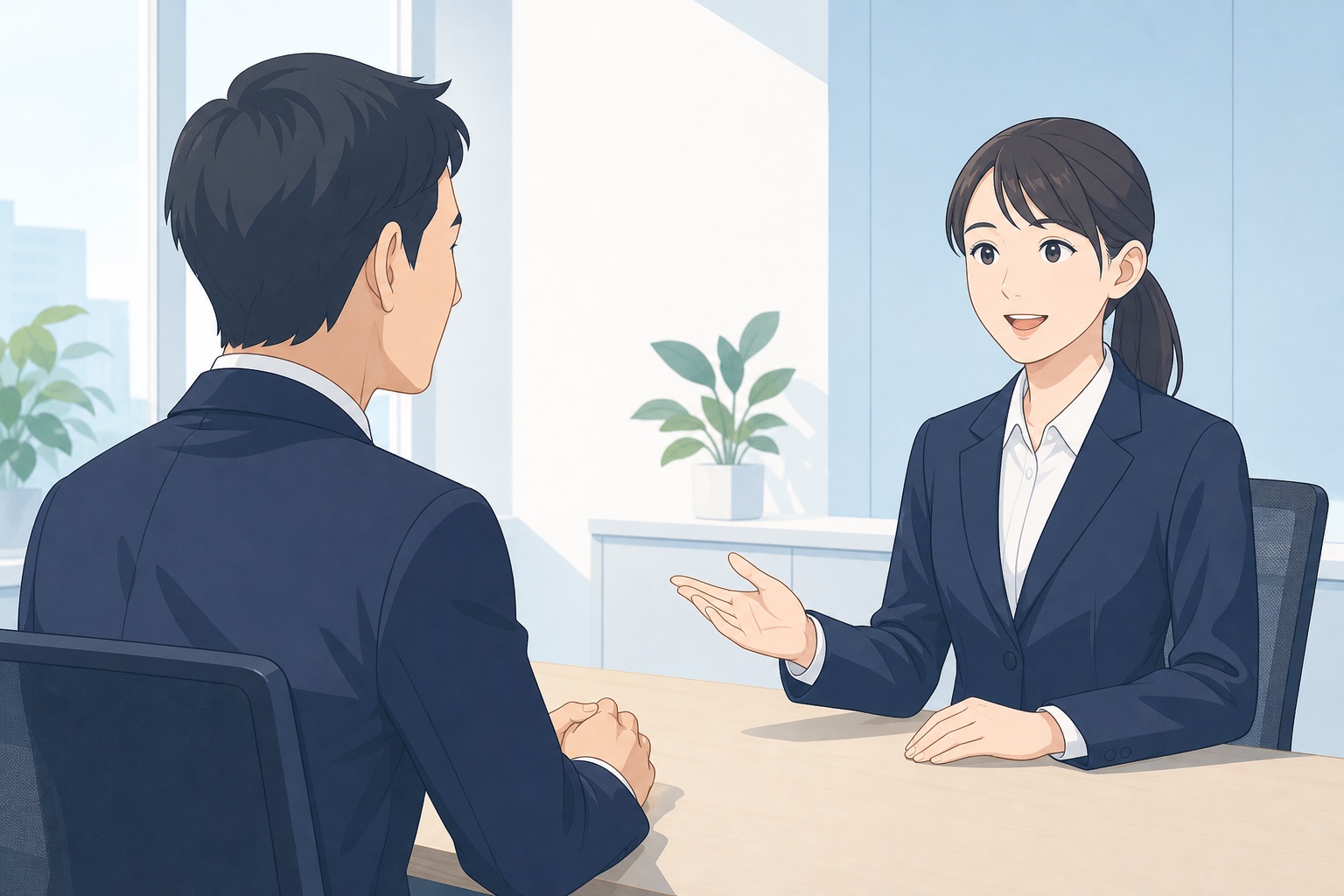 面接官と就活生が向かい合って話しているオフィスの様子のイラスト