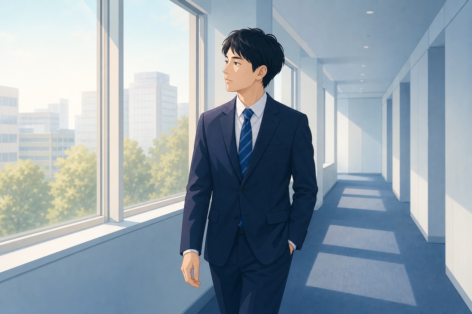 最終面接を終えたスーツ姿の就活生がオフィスの廊下で窓の外を見つめ物思いにふけっている様子のイラスト