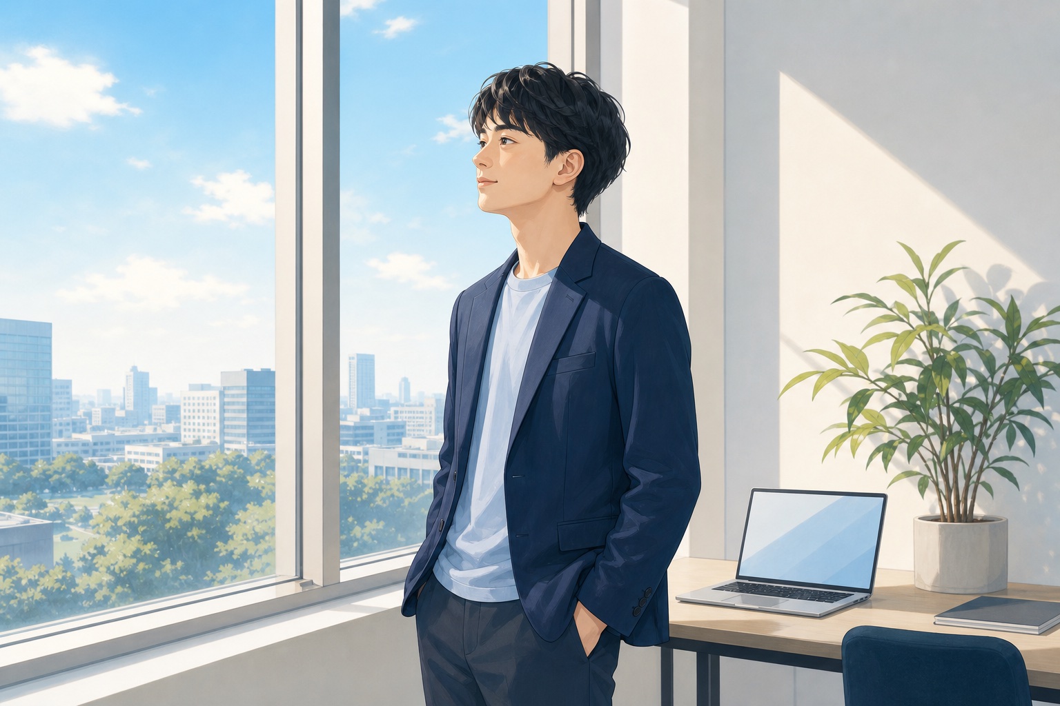 オフィスの窓際に立ち外の景色を眺めながら物思いにふける若手社会人を描いたイラスト