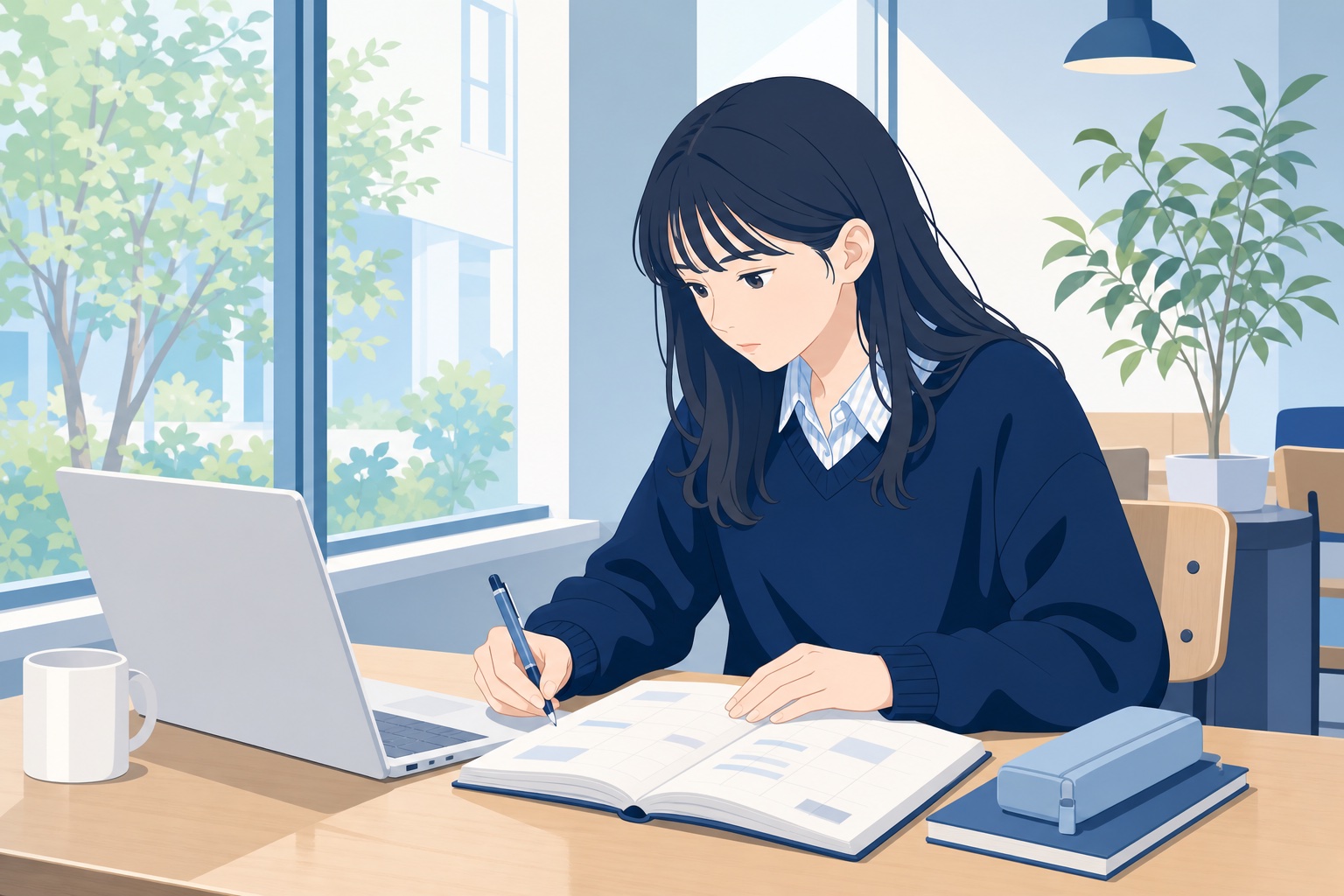 大学のカフェでノートパソコンとスケジュール帳を広げ、インターンの応募締切を確認しながらメモを取る女子大学生