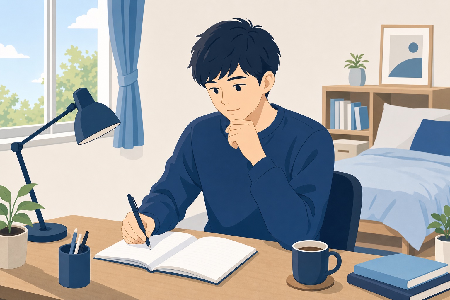 自室の机でノートに向かい自己分析をする就活生のイラスト