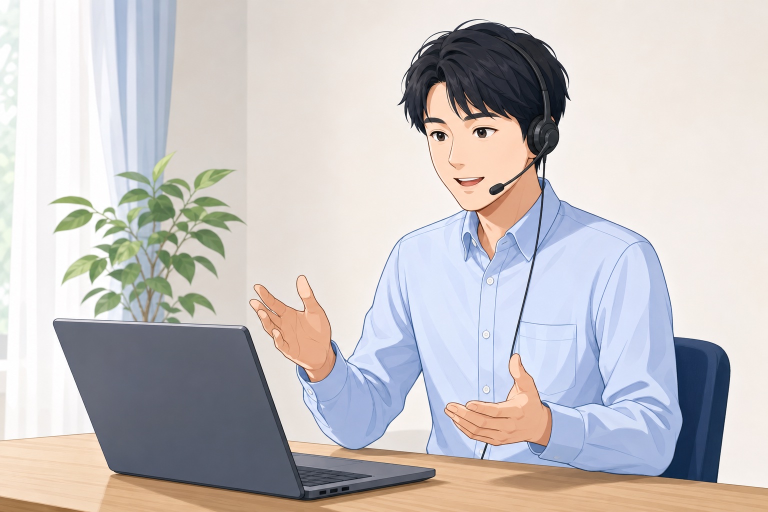 自室で録画面接に臨む就活生のイラスト