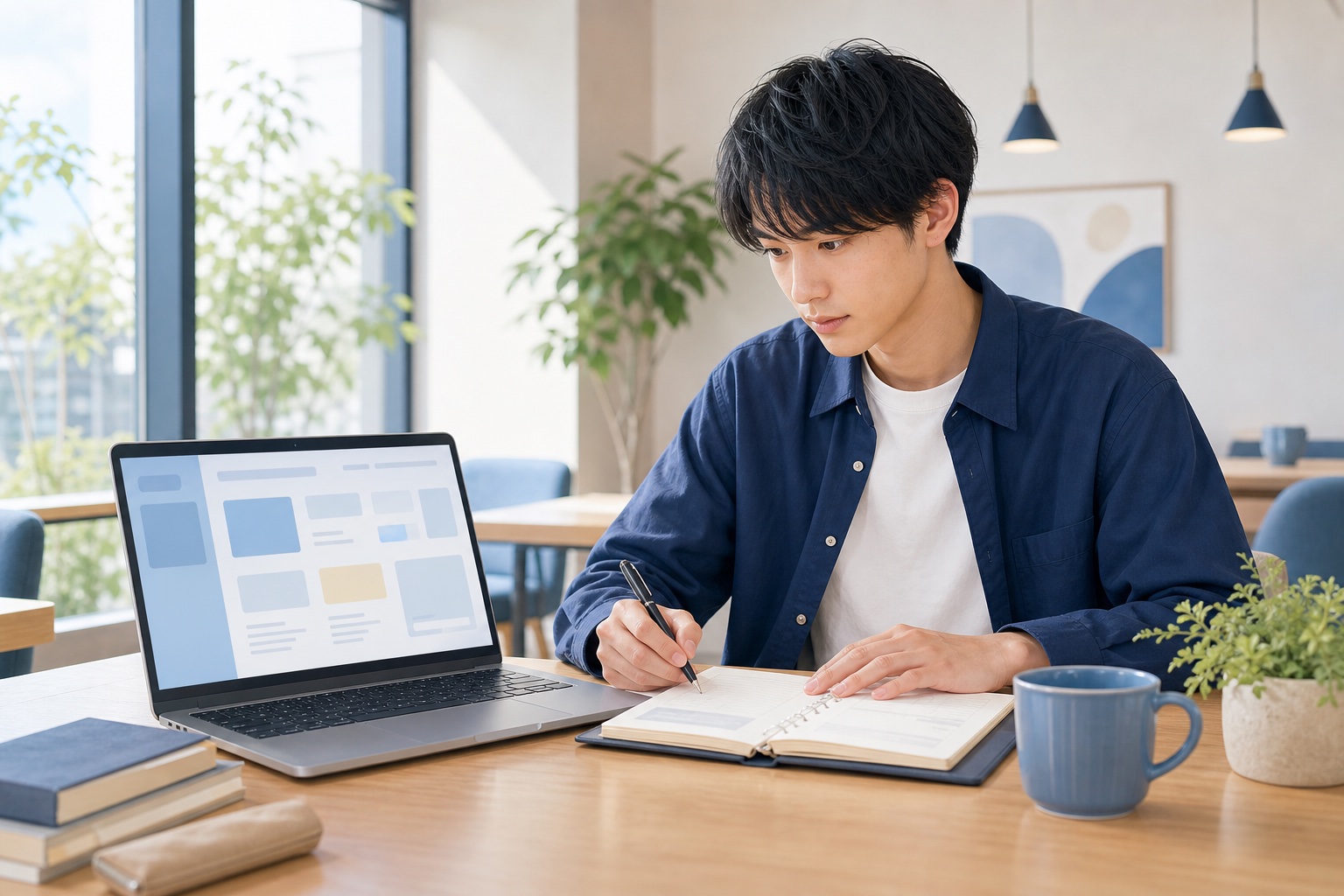 就活生がノートパソコンと手帳で求人情報を確認している様子のイラスト