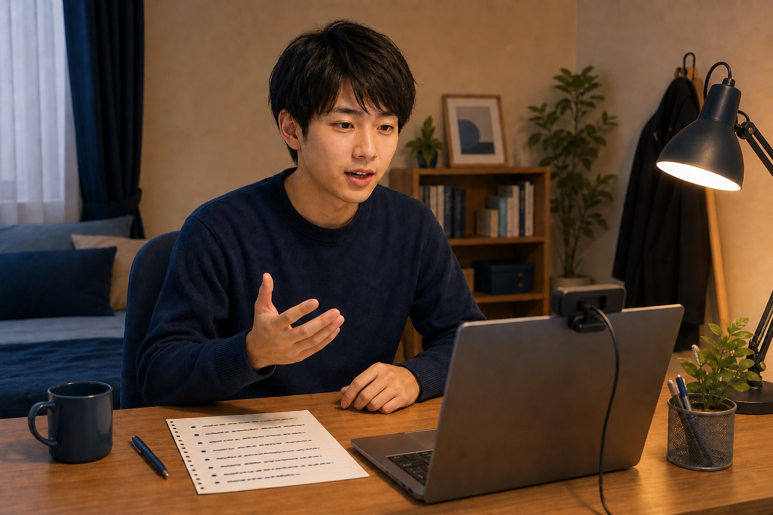 自室の机でノートパソコンに向かって一人で面接練習をする就活生のイラスト