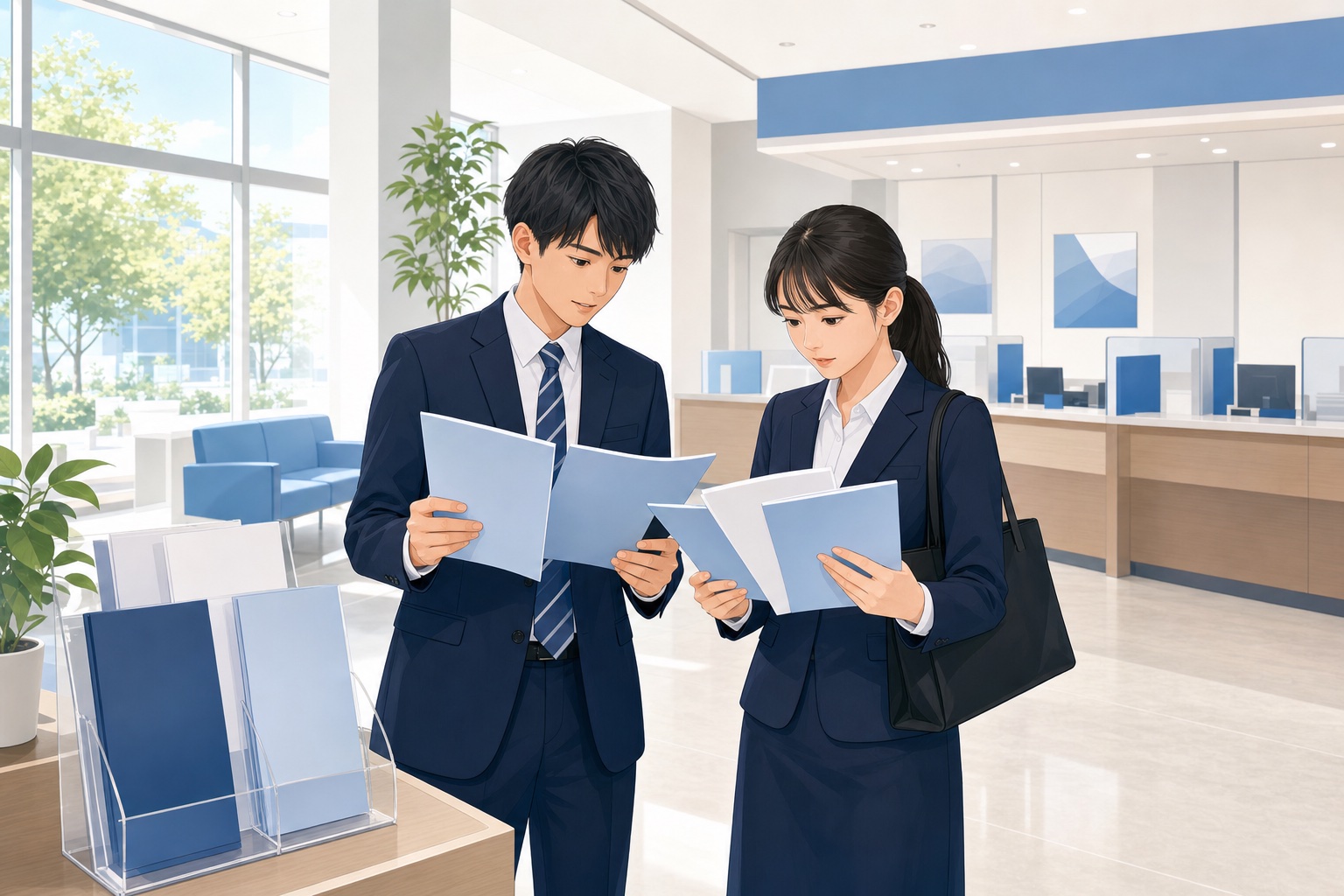 信用金庫の店舗で採用資料を読み比べる就活生のイラスト