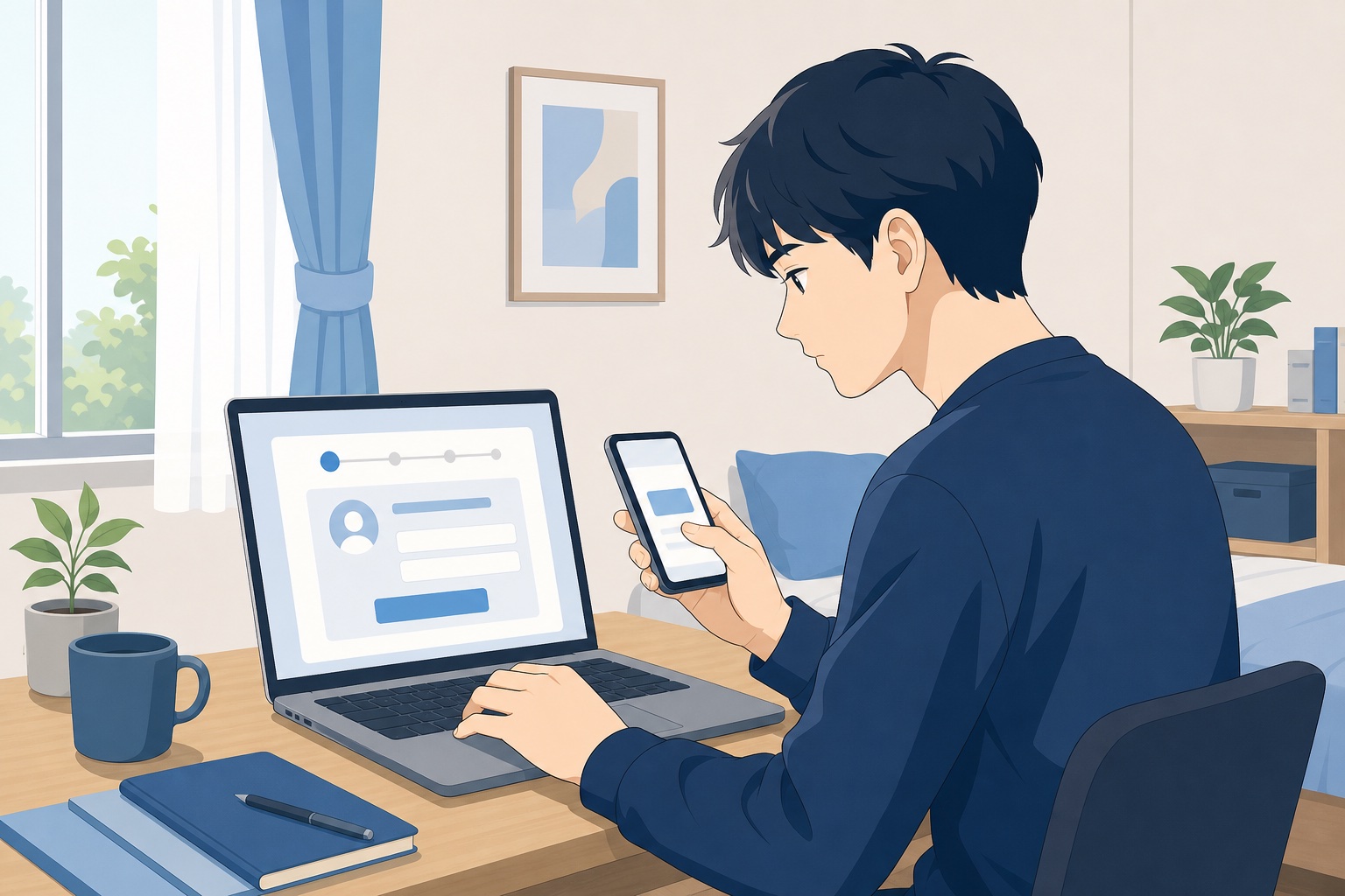 就活生が自室でノートパソコンとスマートフォンを使い認証コードを確認している様子のイラスト