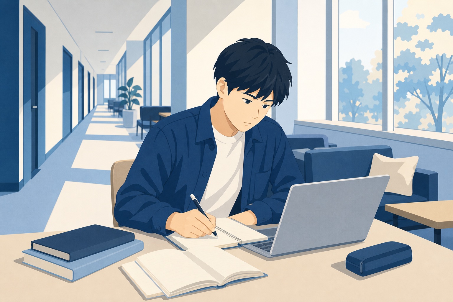 理工系大学生がノートパソコンとノートを広げてOB訪問の準備をしている様子のイラスト