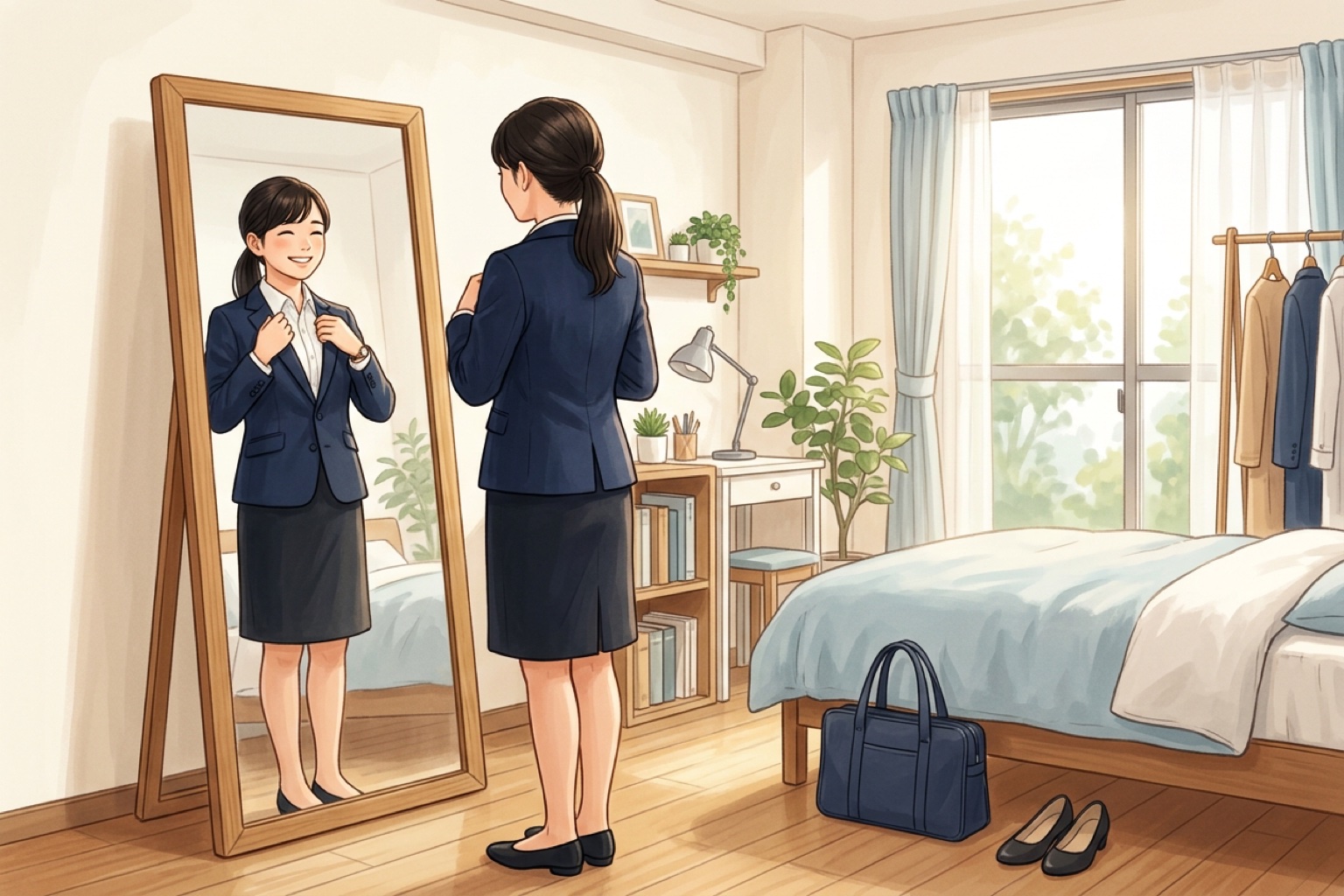 就活生が自室の鏡の前でスーツ姿と表情を整えている様子のイラスト