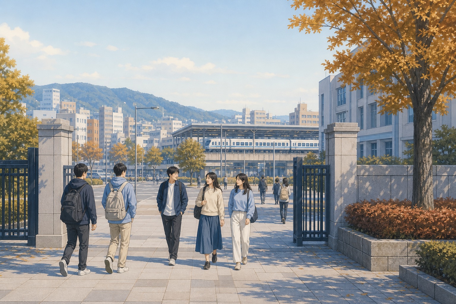 地方都市の大学キャンパスの正門前を、リュックを背負った学生たちが歩いている様子。背景に駅前の風景と電車が見えるイラスト