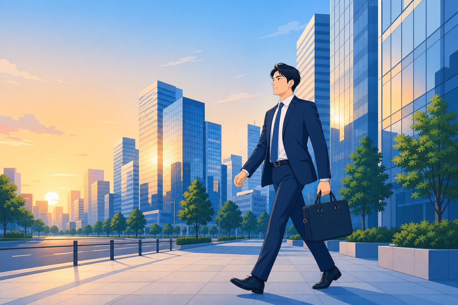 早朝のオフィス街を歩くスーツ姿の若手ビジネスパーソン