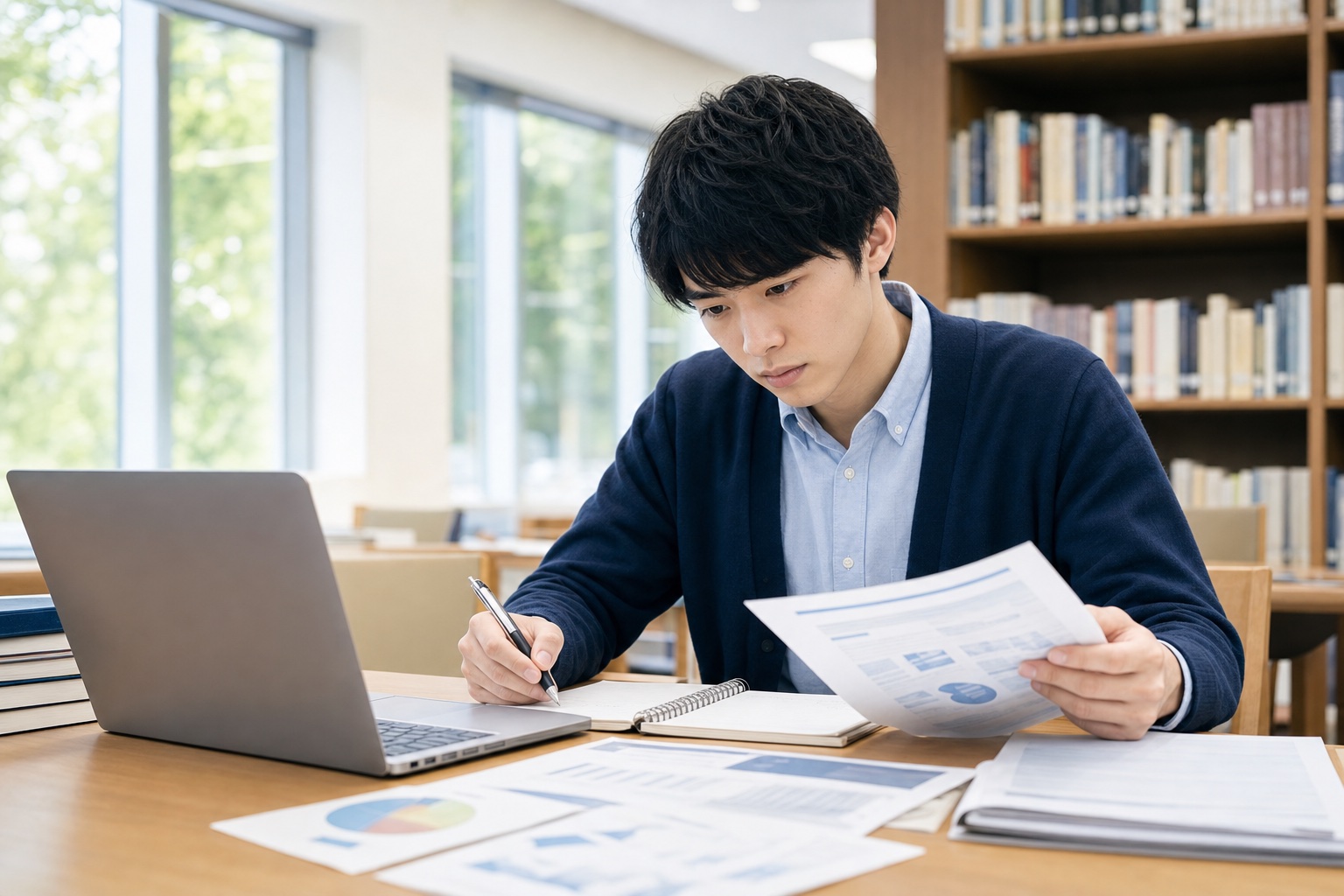 大学の図書館で企業研究の資料とノートパソコンを見比べながらメモを取る就活生の写真風イラスト