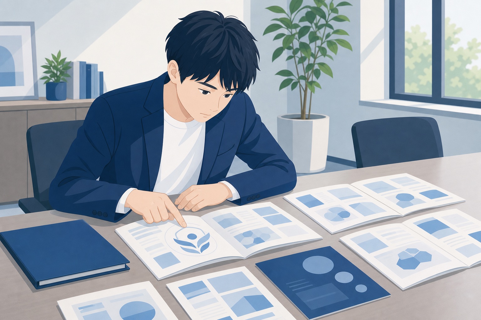 就活生が企業パンフレットを見比べながらホワイト500の認定マークを確認している様子のイラスト
