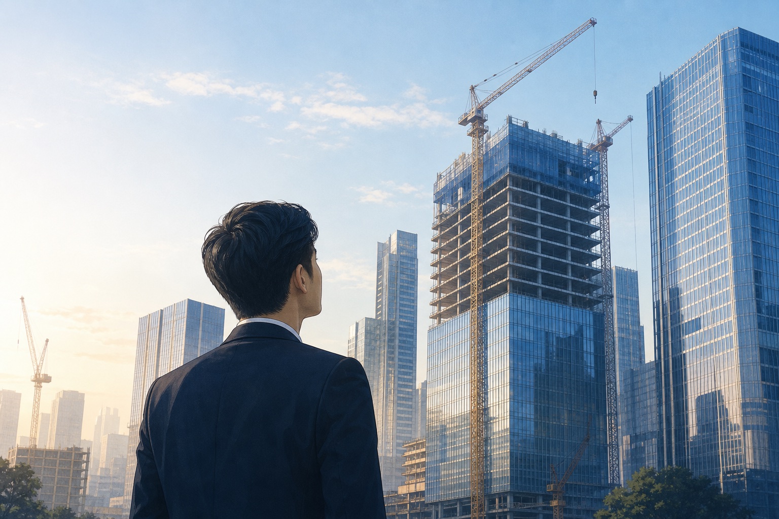 高層ビルの建設現場を見上げるスーツ姿の若手ビジネスパーソン