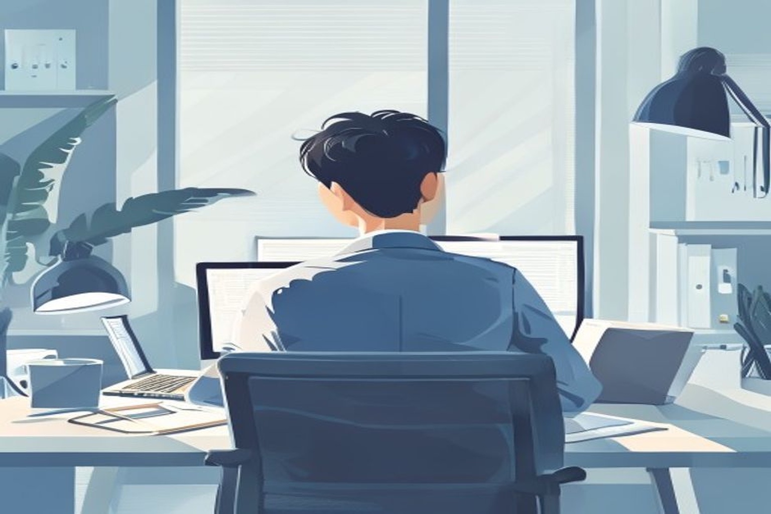 オフィスで複数の企業資料を見比べながら考える若手ビジネスパーソンの後ろ姿