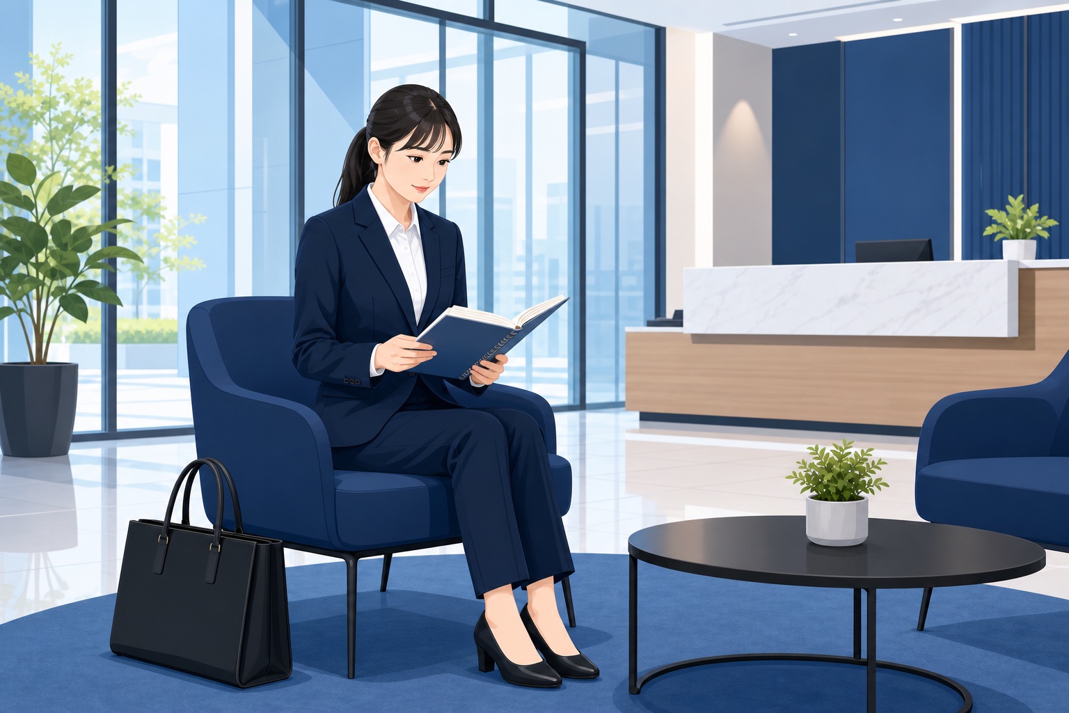 就活生の女性が企業の受付ロビーで面接前に企業研究ノートを確認している様子のイラスト